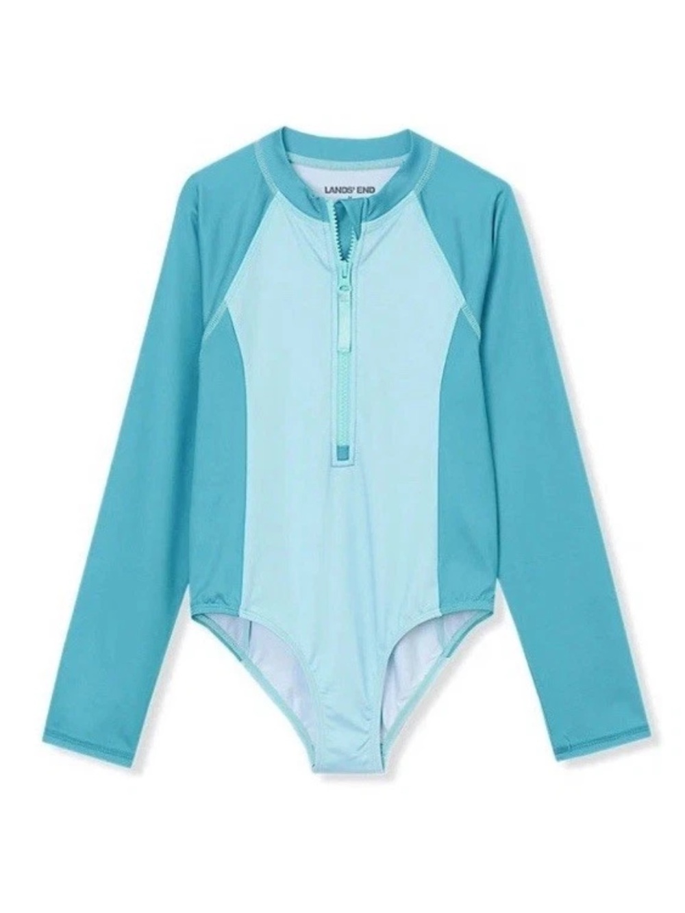 Lands' End Girl's M Size 8 Long Sleeve Swimsuit Teal Half Zip Chlorine Resistant